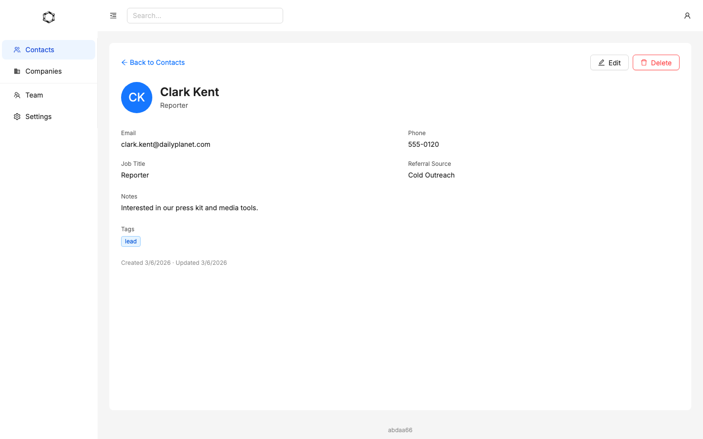 Driftwood CRM contact detail with activity timeline